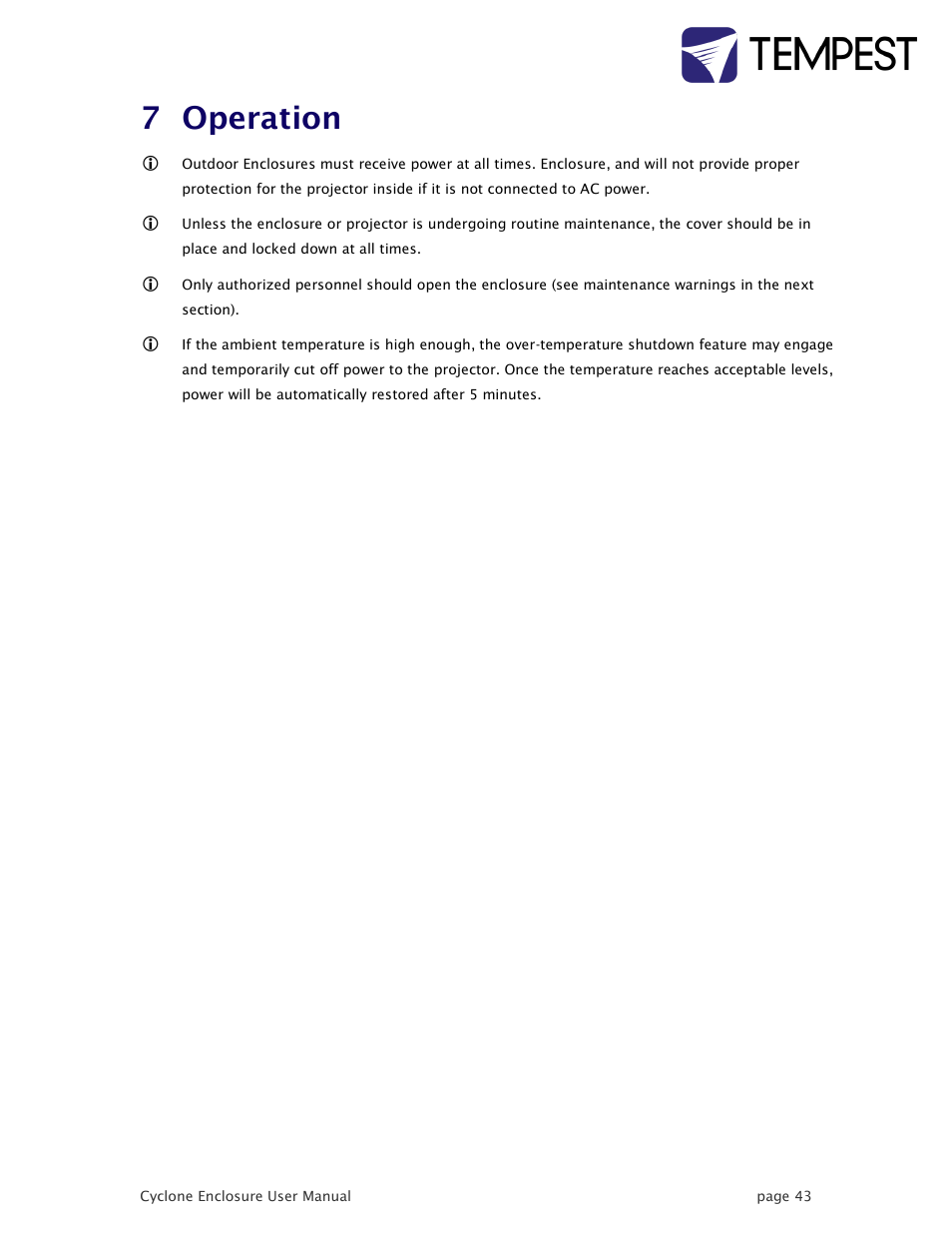 Operation, 7 operation | Tempest Cyclone User Manual | Page 43 / 48
