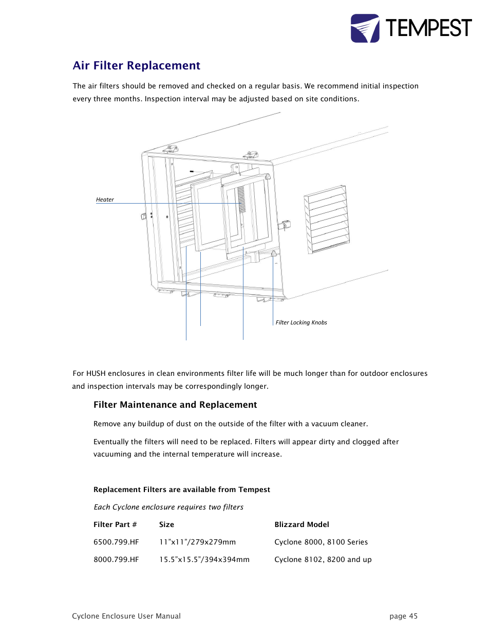 Air filter replacement | Tempest Cyclone User Manual | Page 45 / 48