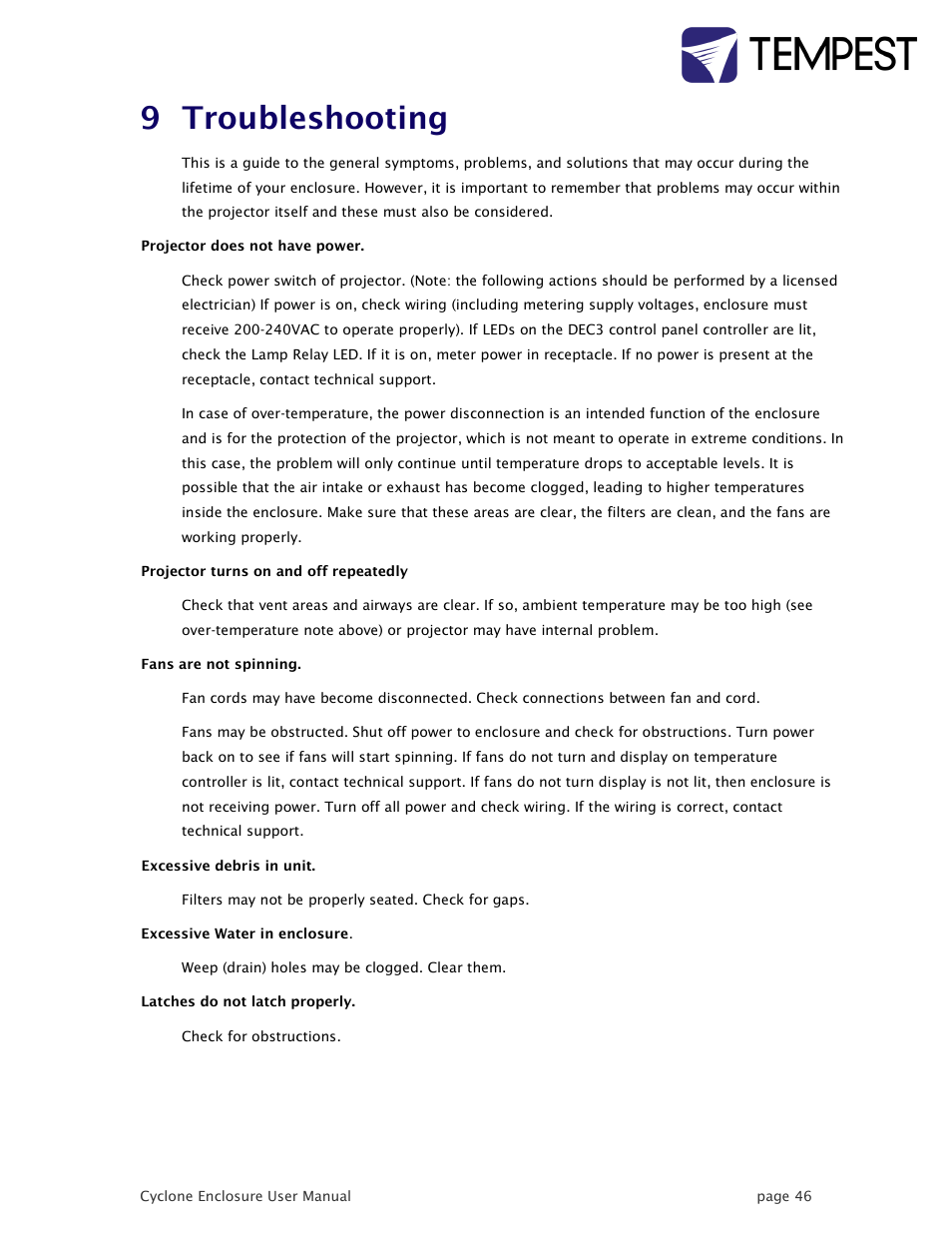 Troubleshooting, 9 troubleshooting | Tempest Cyclone User Manual | Page 46 / 48