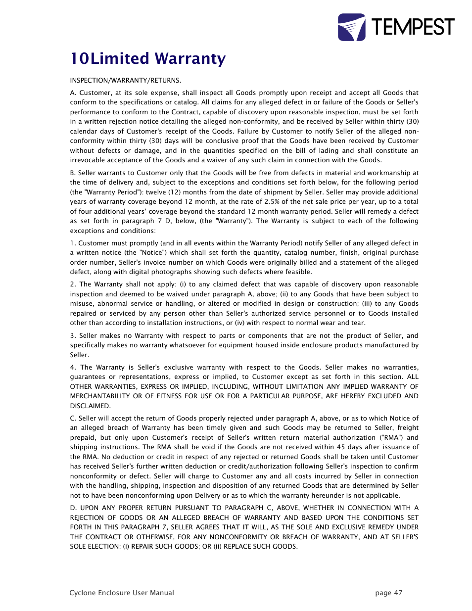 Limited warranty, 10 limited warranty | Tempest Cyclone User Manual | Page 47 / 48