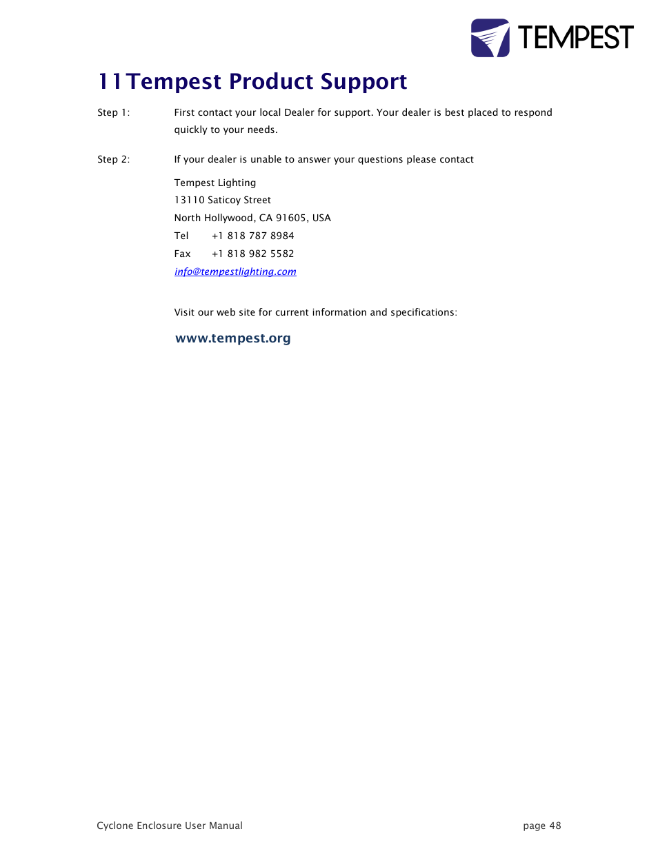 Tempest product support, 11 tempest product support | Tempest Cyclone User Manual | Page 48 / 48