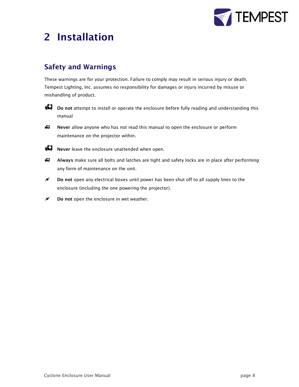 Installation, Safety and warnings, 2 installation | Tempest Cyclone User Manual | Page 8 / 48