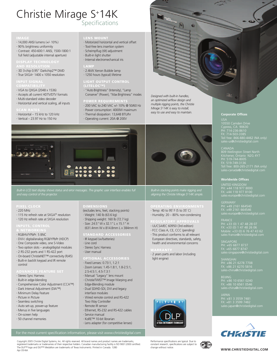 Christie mirage s, Specifications | Christie Digital Systems Christie Mirage S+14K User Manual | Page 2 / 2