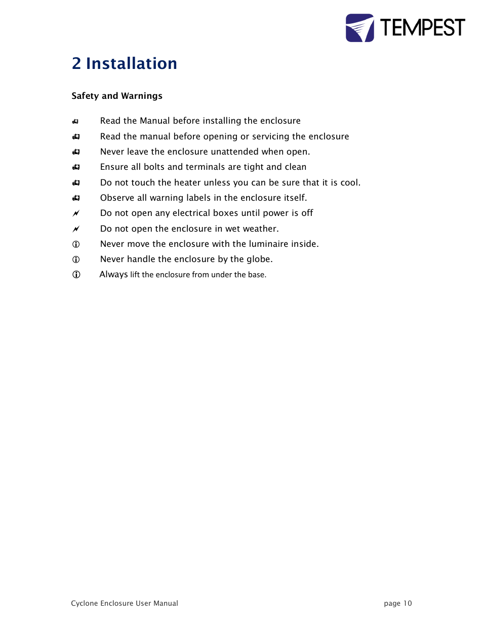 Installation, 2 installation | Tempest Tornado User Manual | Page 10 / 50