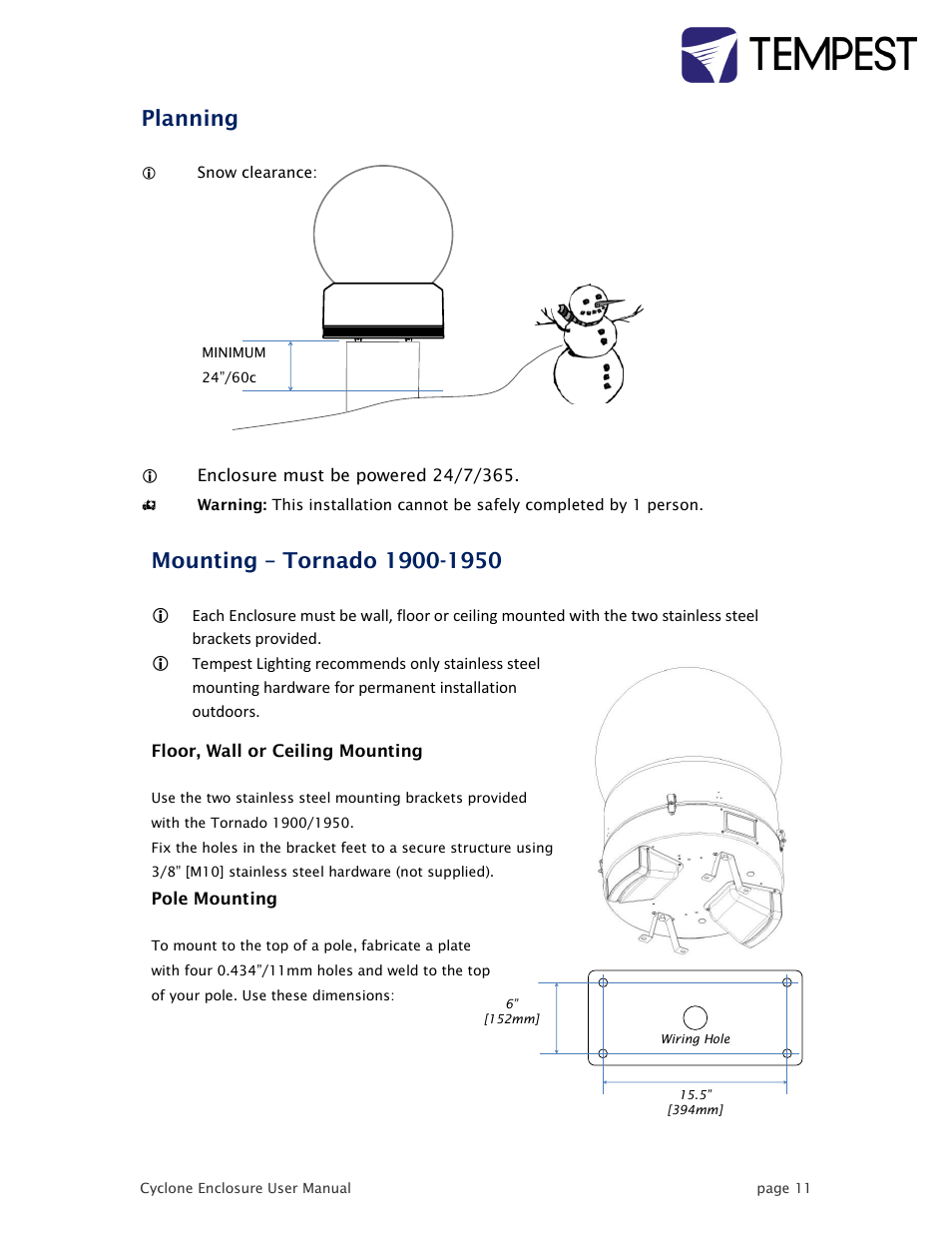 Planning, Mounting – tornado 1900-1950 | Tempest Tornado User Manual | Page 11 / 50