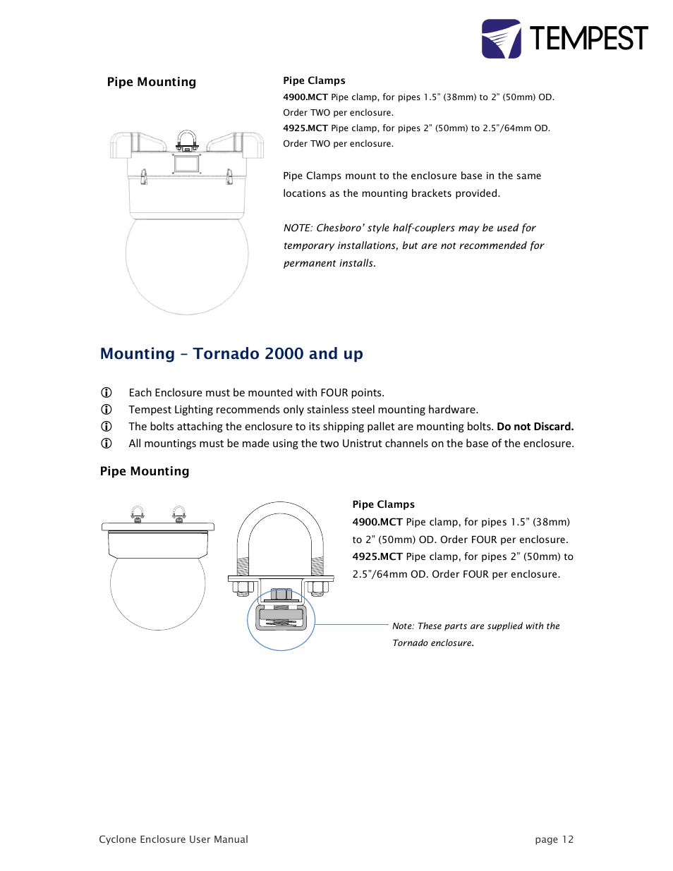 Mounting – tornado 2000 and up | Tempest Tornado User Manual | Page 12 / 50