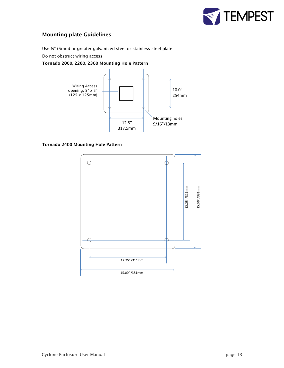 Mounting plate guidelines | Tempest Tornado User Manual | Page 13 / 50