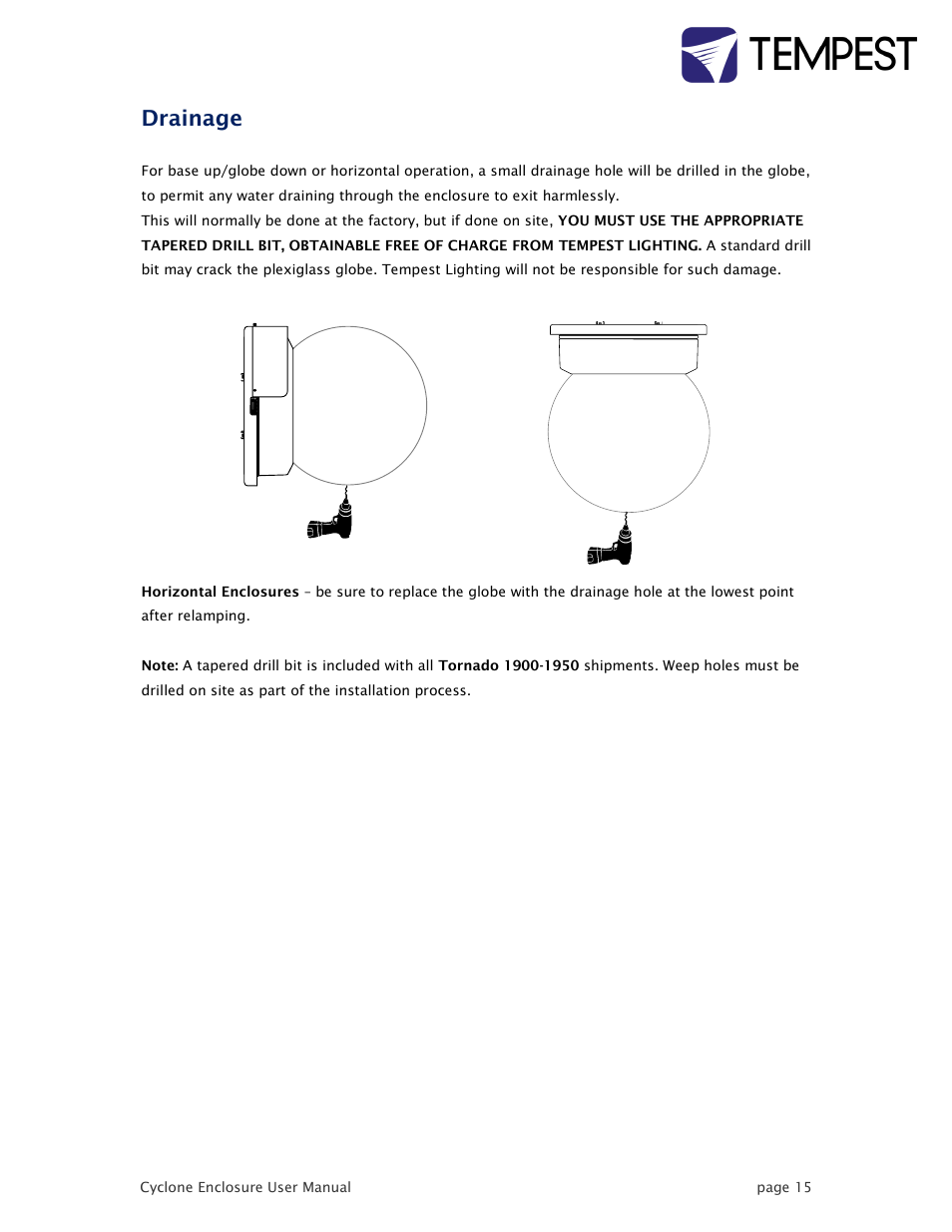 Drainage | Tempest Tornado User Manual | Page 15 / 50