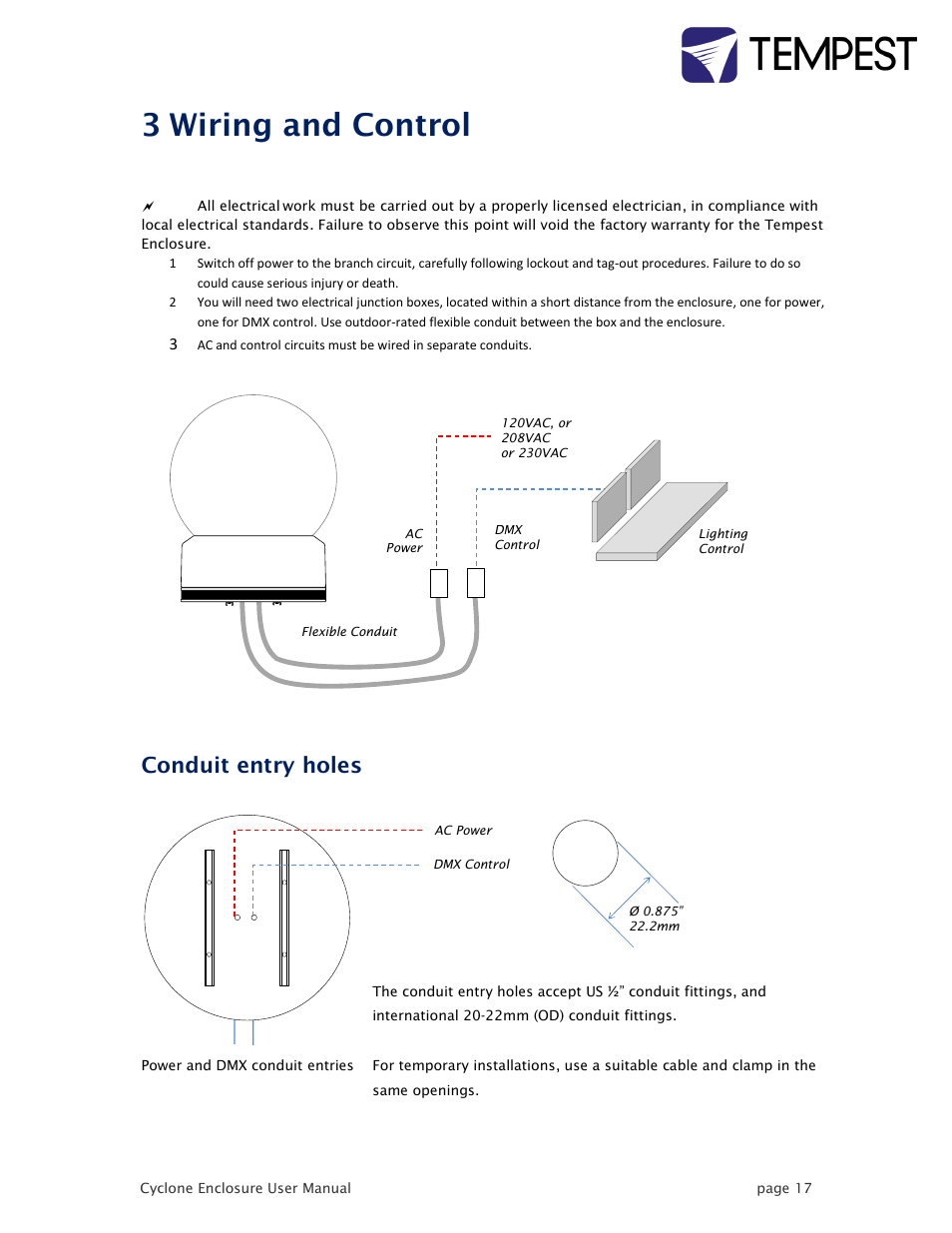 Wiring and control, Conduit entry holes, 3 wiring and control | Tempest Tornado User Manual | Page 17 / 50