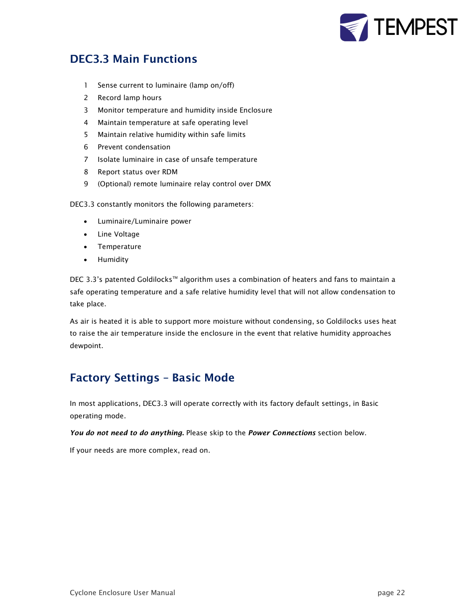 Dec3.3 main functions, Factory settings – basic mode | Tempest Tornado User Manual | Page 22 / 50