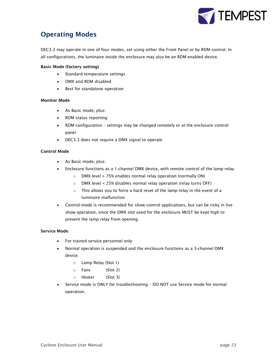 Operating modes | Tempest Tornado User Manual | Page 23 / 50