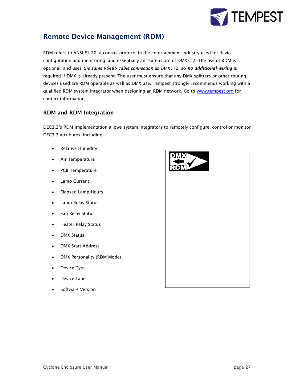 Remote device management (rdm) | Tempest Tornado User Manual | Page 27 / 50