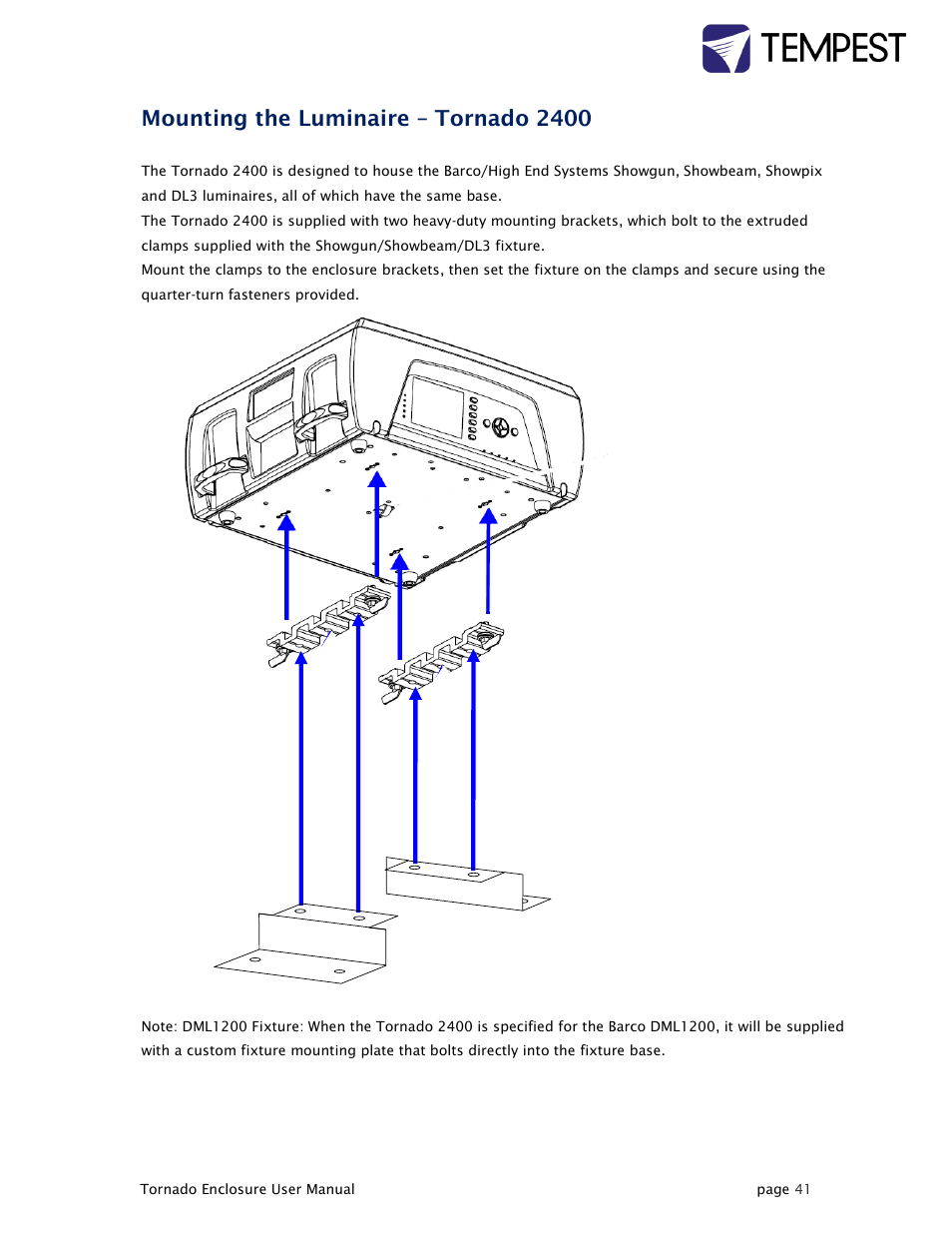 Mounting the luminaire – tornado 2400 | Tempest Tornado User Manual | Page 41 / 50