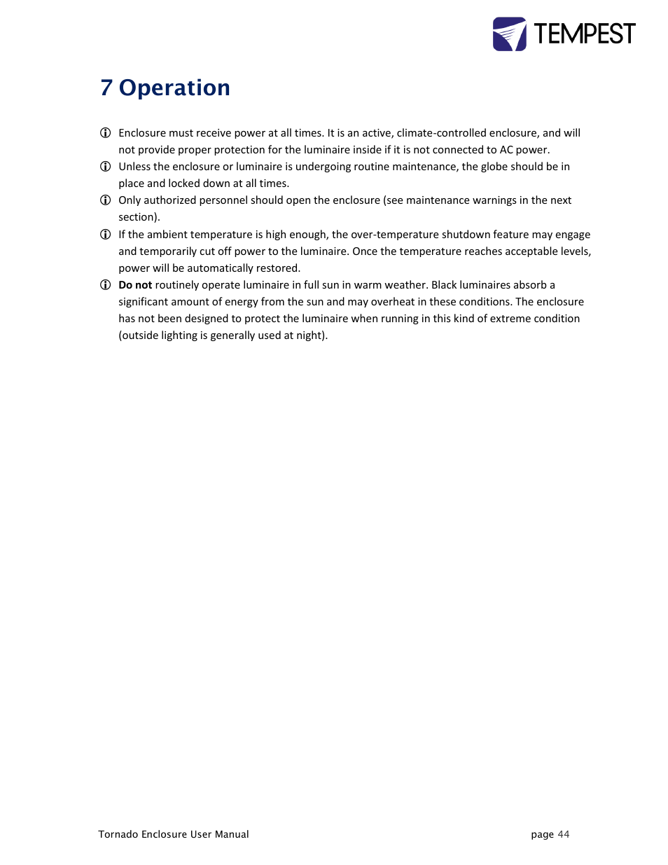 Operation, 7 operation | Tempest Tornado User Manual | Page 44 / 50