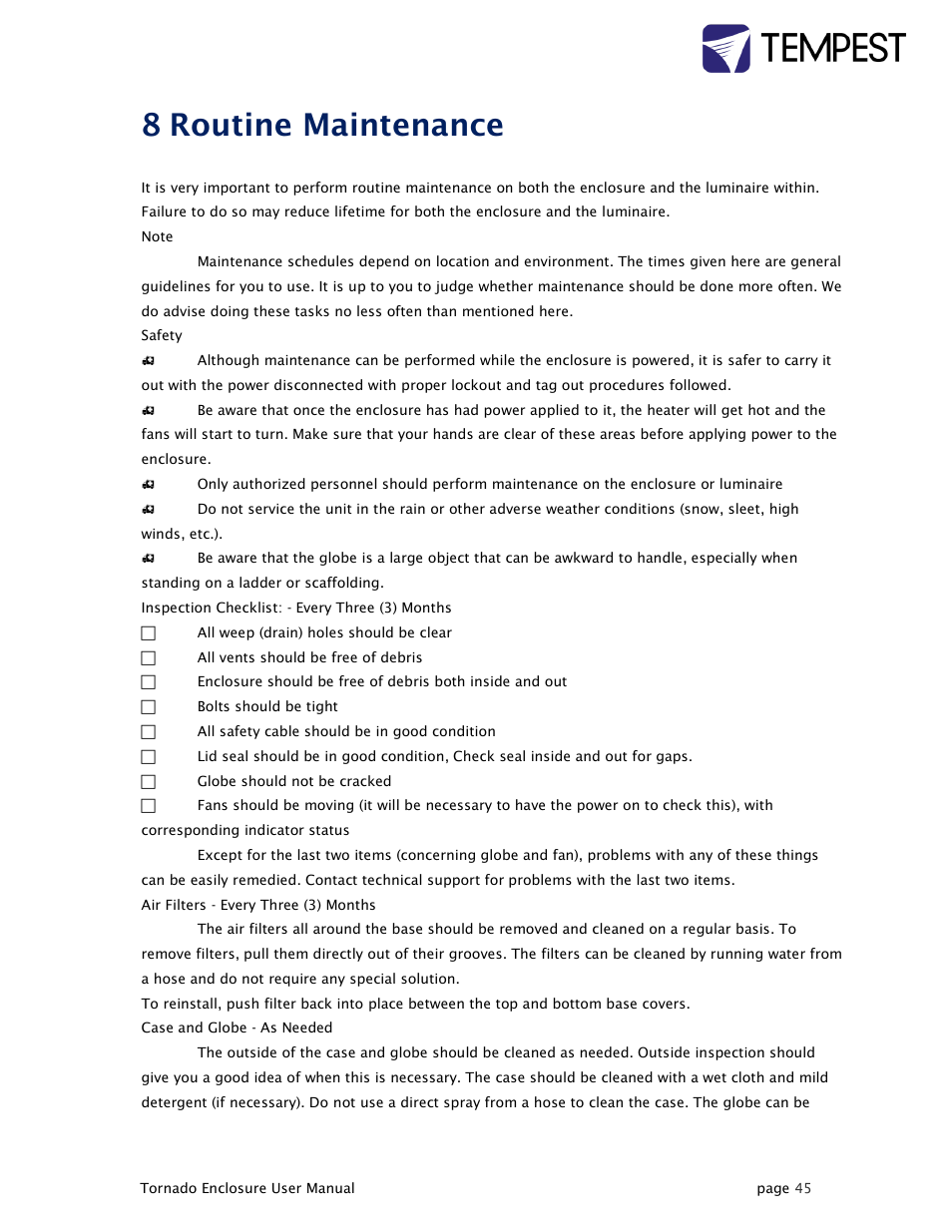 Routine maintenance, 8 routine maintenance | Tempest Tornado User Manual | Page 45 / 50