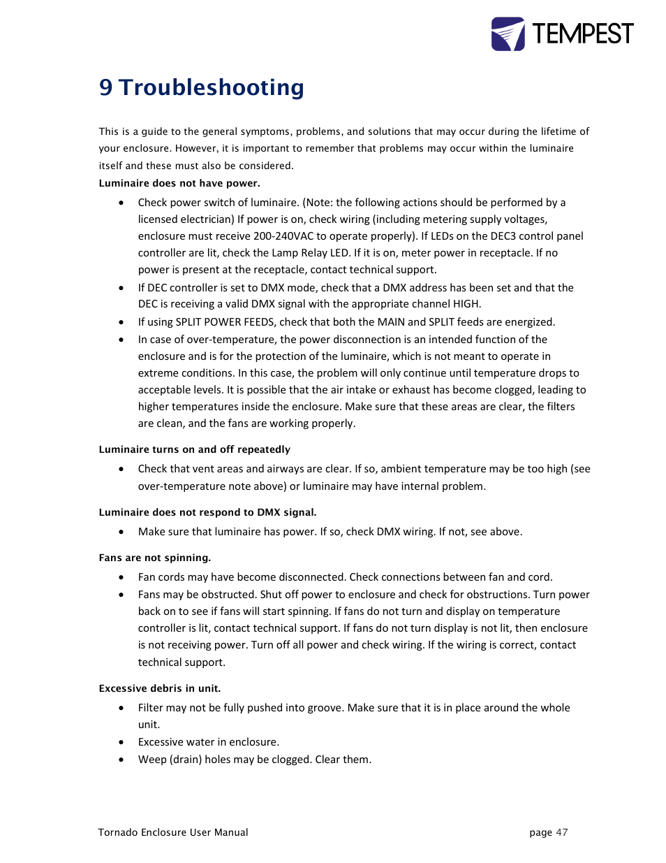 Troubleshooting, 9 troubleshooting | Tempest Tornado User Manual | Page 47 / 50