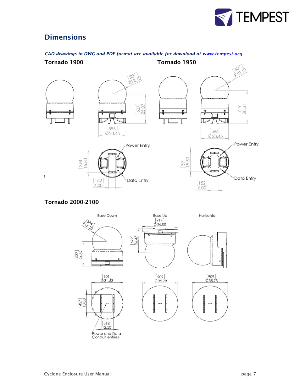 Dimensions | Tempest Tornado User Manual | Page 7 / 50