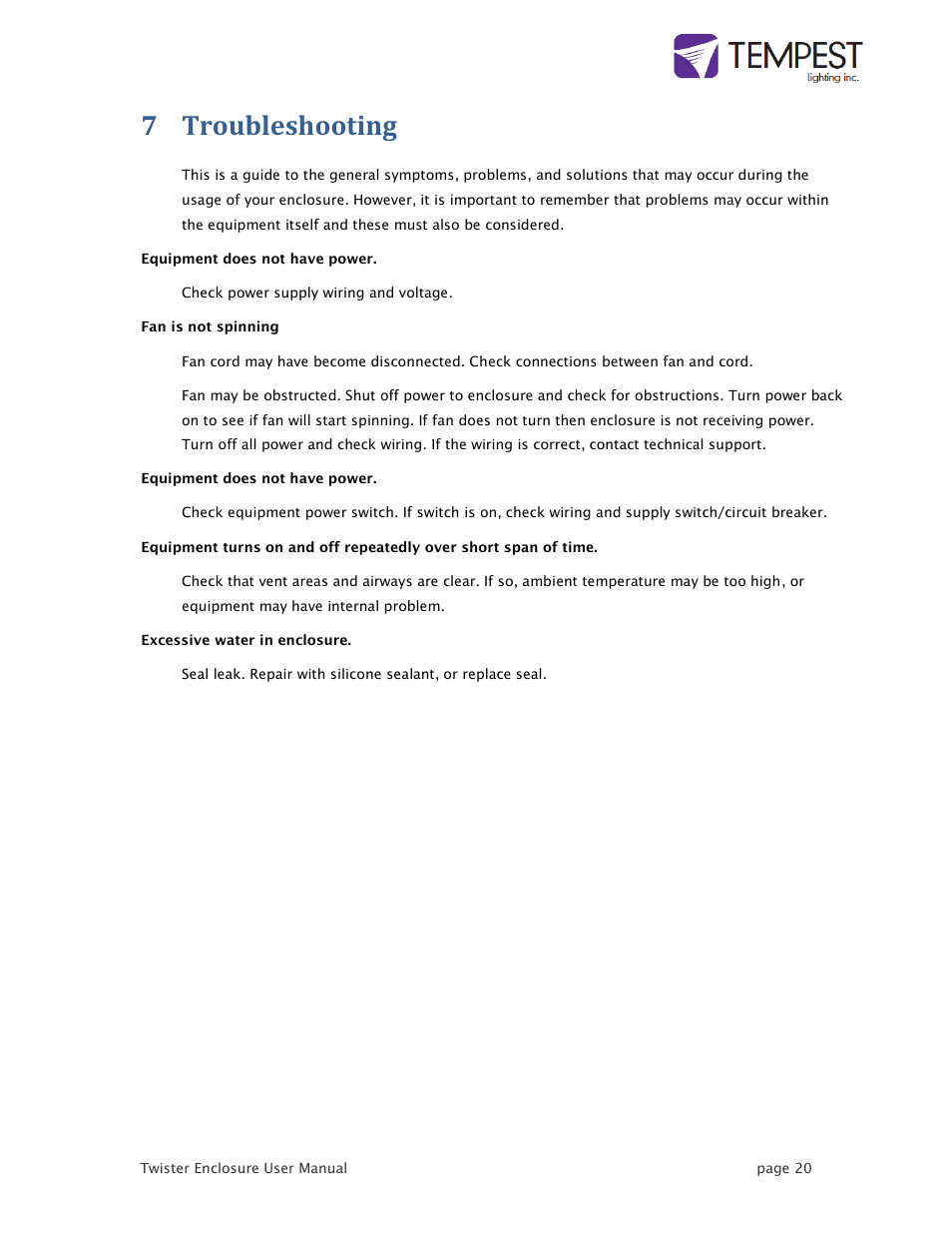 7 troubleshooting | Tempest Twister User Manual | Page 20 / 22