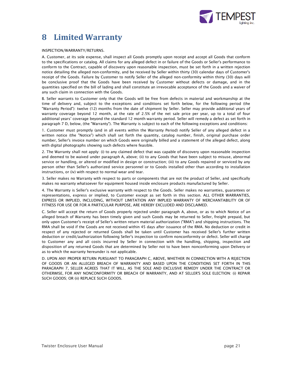8 limited warranty | Tempest Twister User Manual | Page 21 / 22
