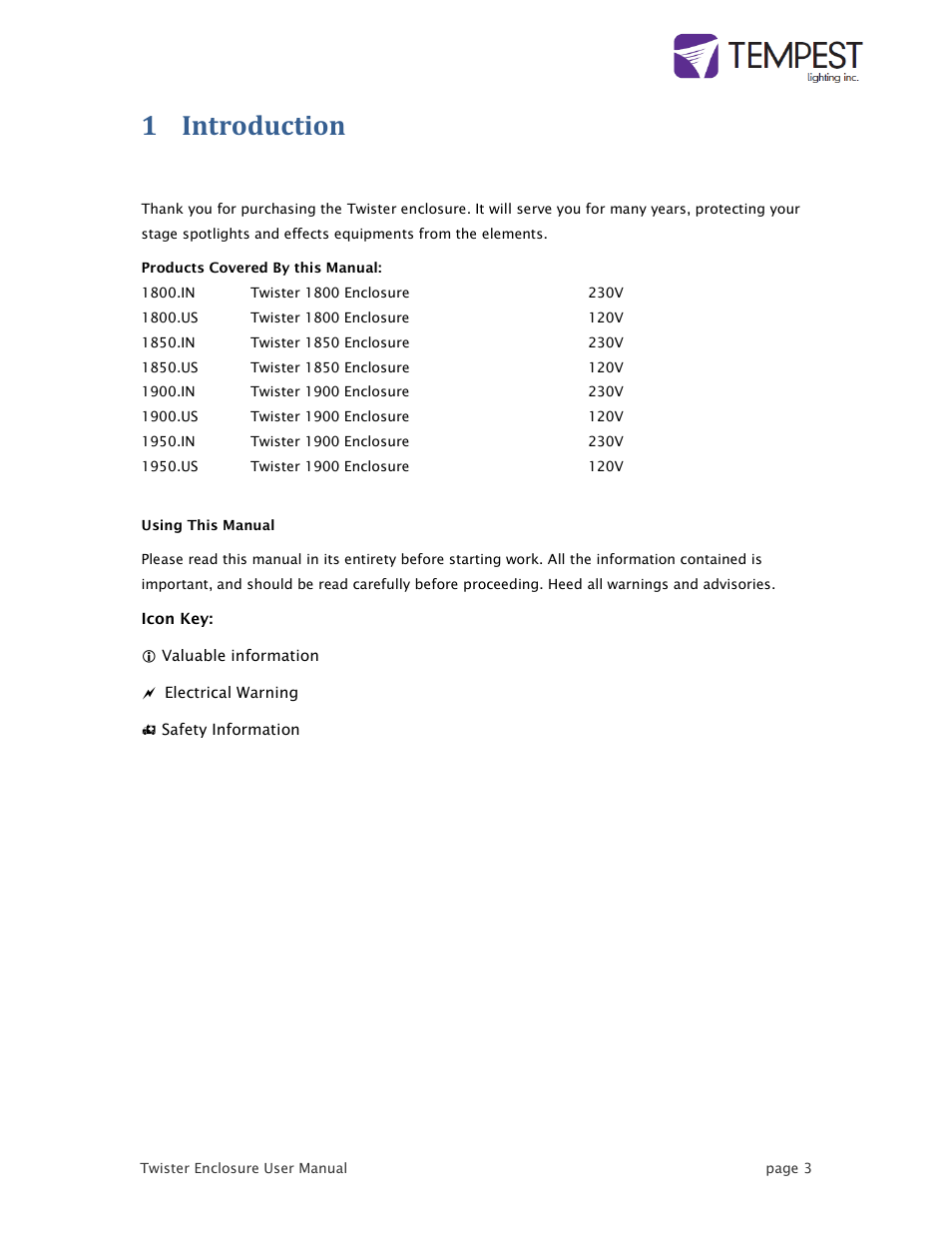 1 introduction | Tempest Twister User Manual | Page 3 / 22