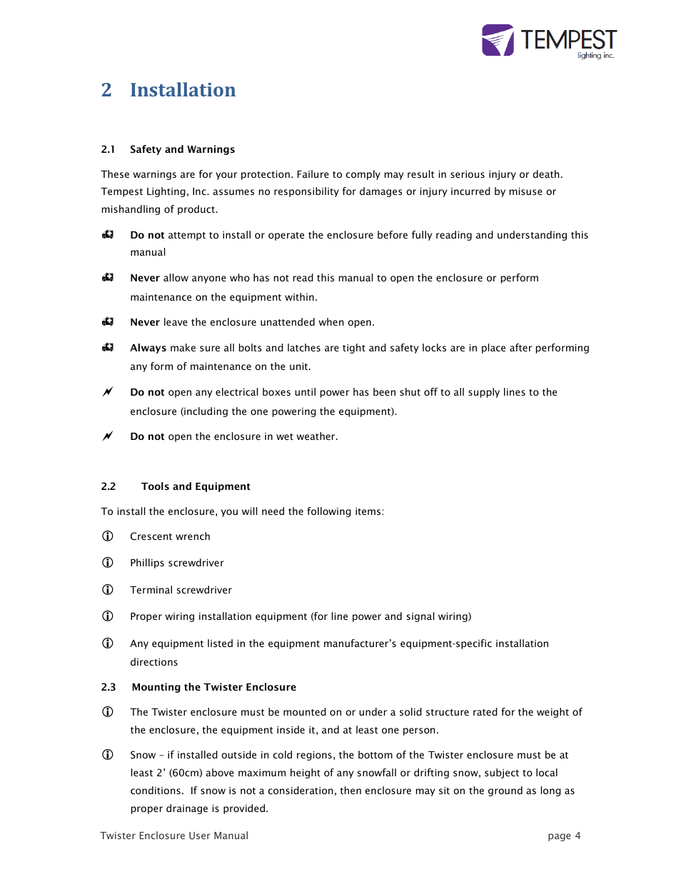 2 installation | Tempest Twister User Manual | Page 4 / 22
