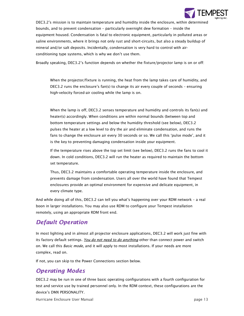 Default operation, Operating modes | Tempest Hurricane User Manual | Page 13 / 47