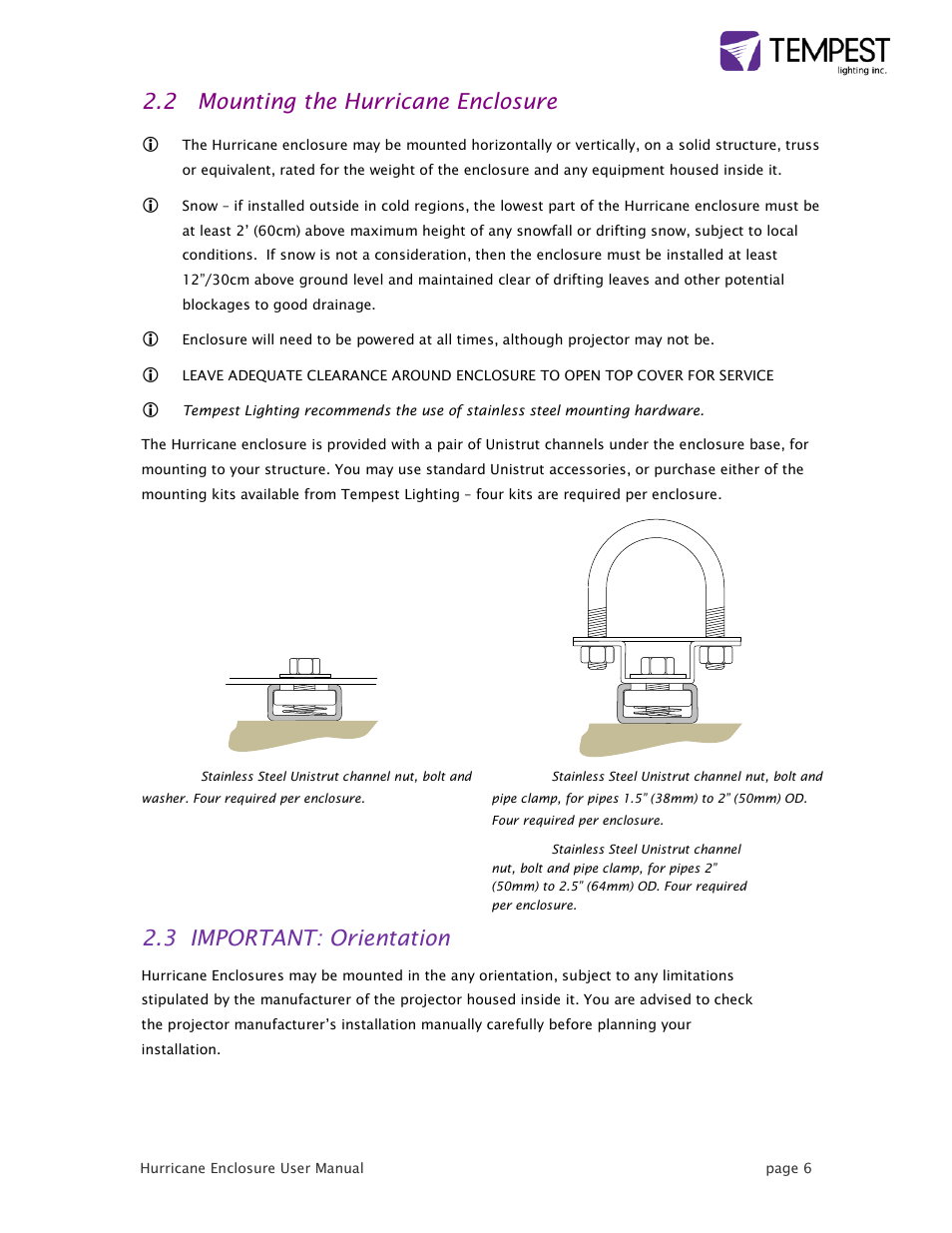 2 mounting the hurricane enclosure, 3 important: orientation | Tempest Hurricane User Manual | Page 6 / 47