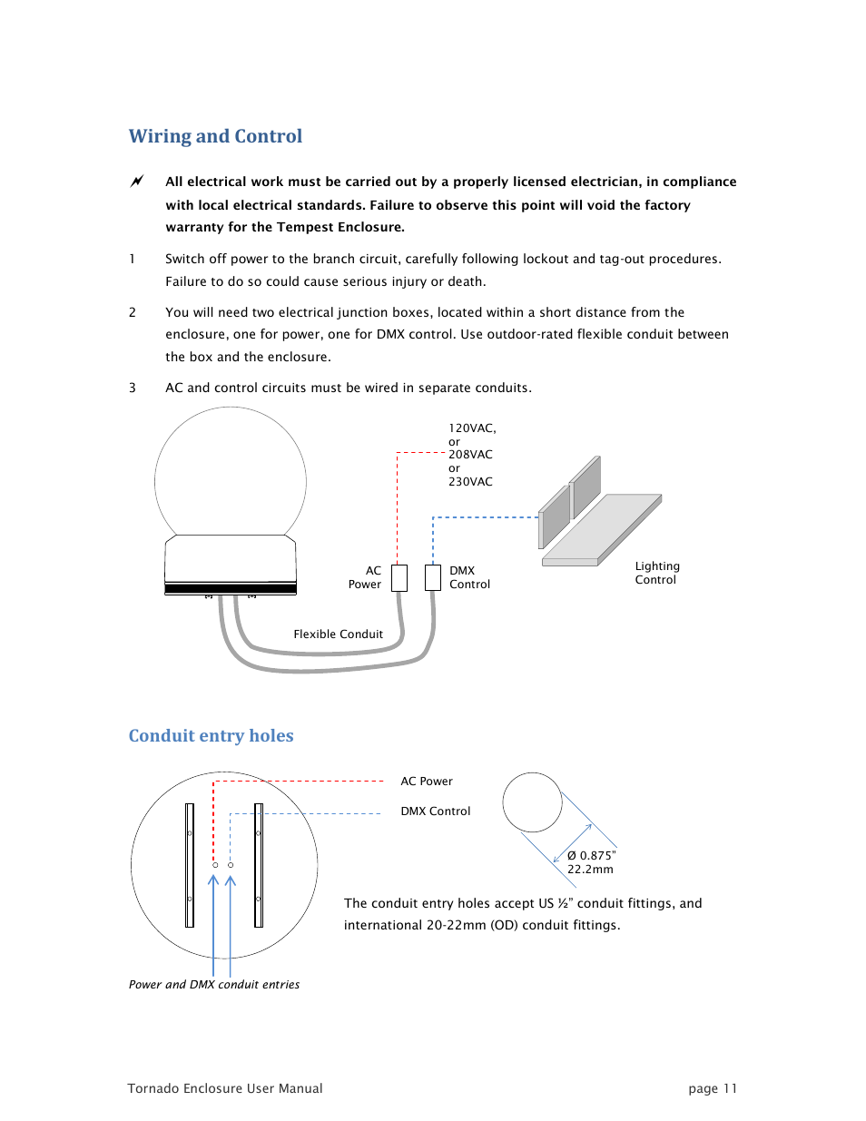 Wiring and control, Conduit entry holes | Tempest TornadoRetrofit Kits User Manual | Page 11 / 36