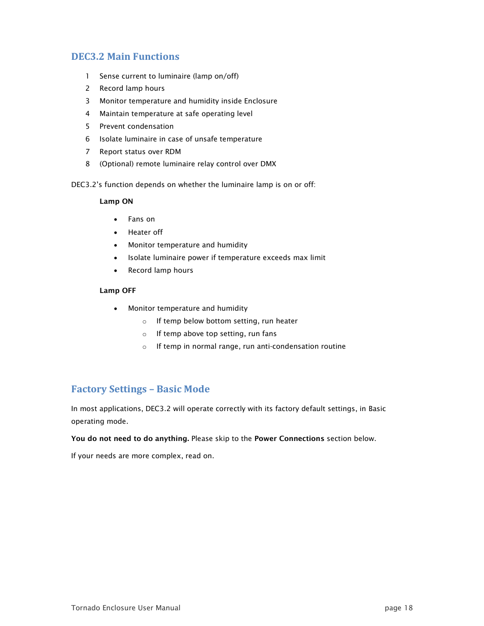 Dec3.2 main functions, Factory settings – basic mode | Tempest TornadoRetrofit Kits User Manual | Page 18 / 36