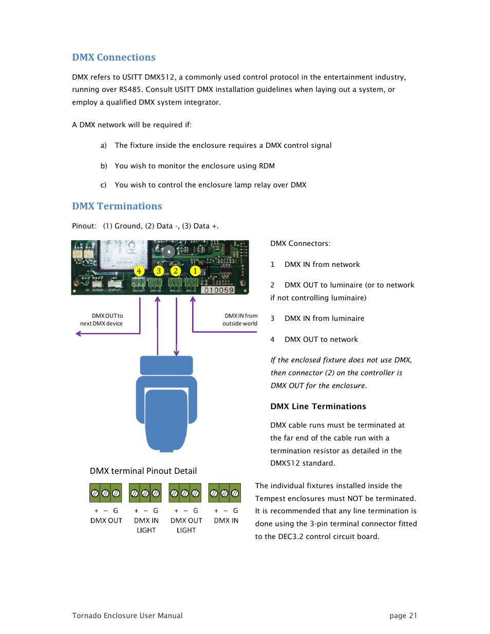 Dmx connections, Dmx terminations | Tempest TornadoRetrofit Kits User Manual | Page 21 / 36
