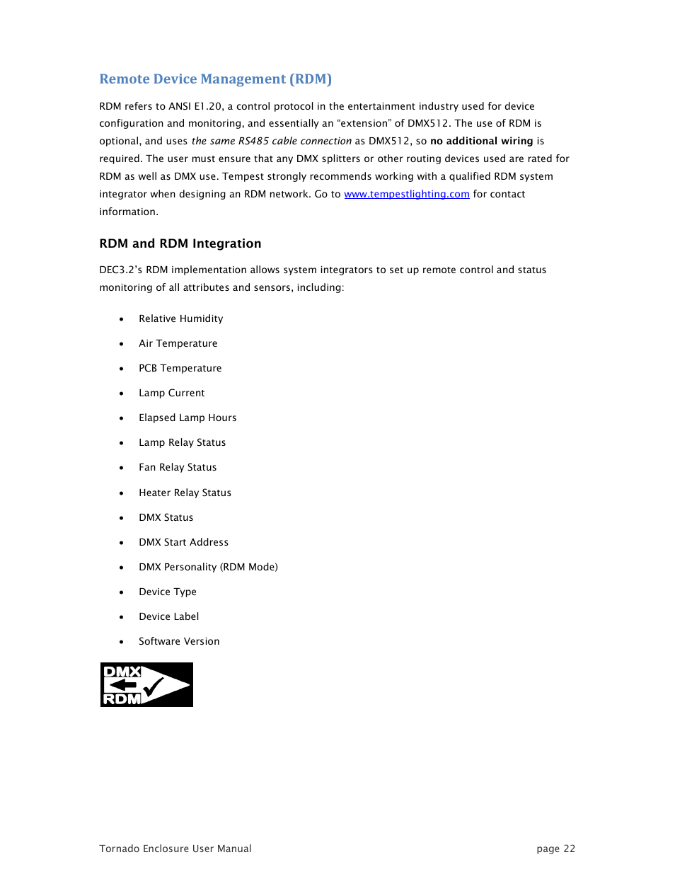 Remote device management (rdm) | Tempest TornadoRetrofit Kits User Manual | Page 22 / 36