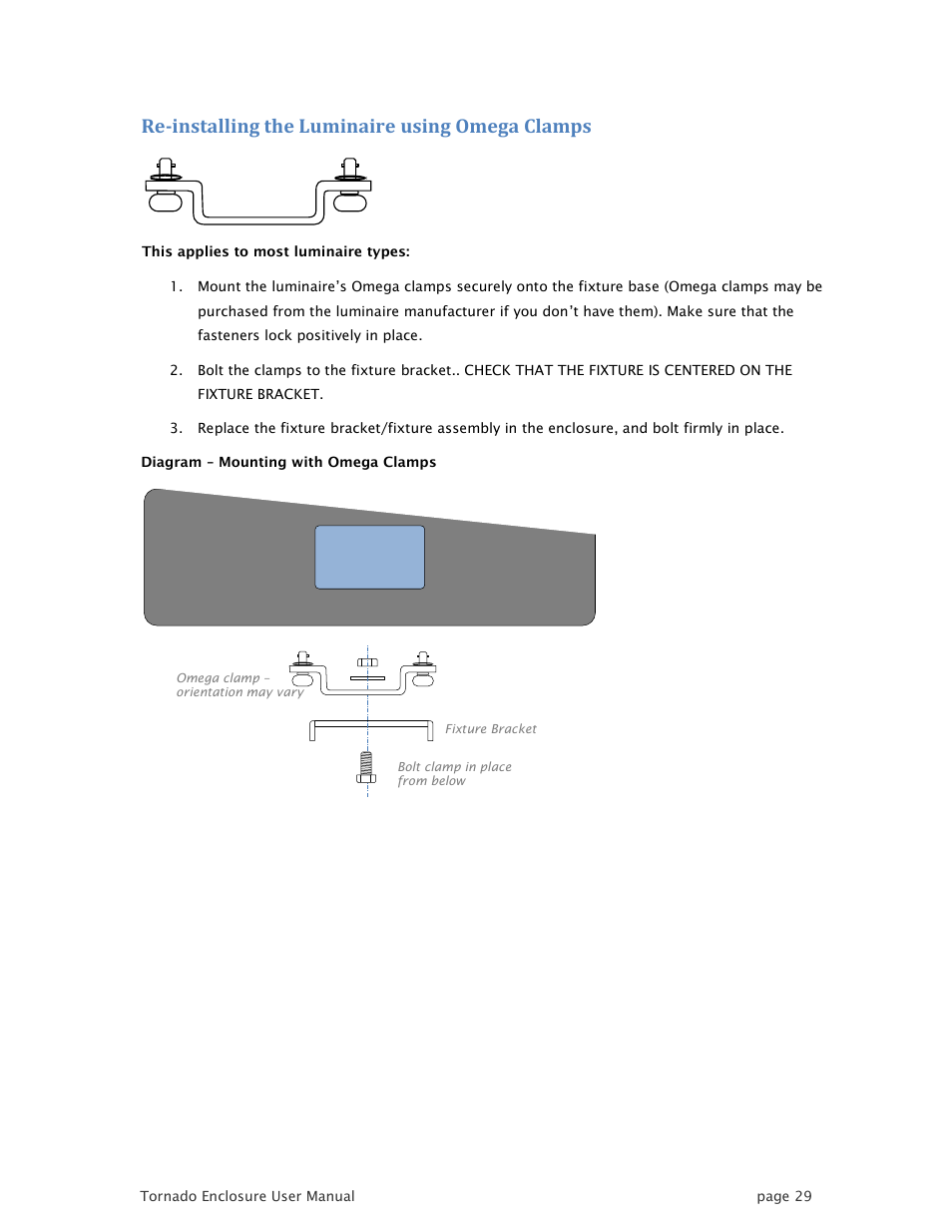 Re-installing the luminaire using omega clamps | Tempest TornadoRetrofit Kits User Manual | Page 29 / 36