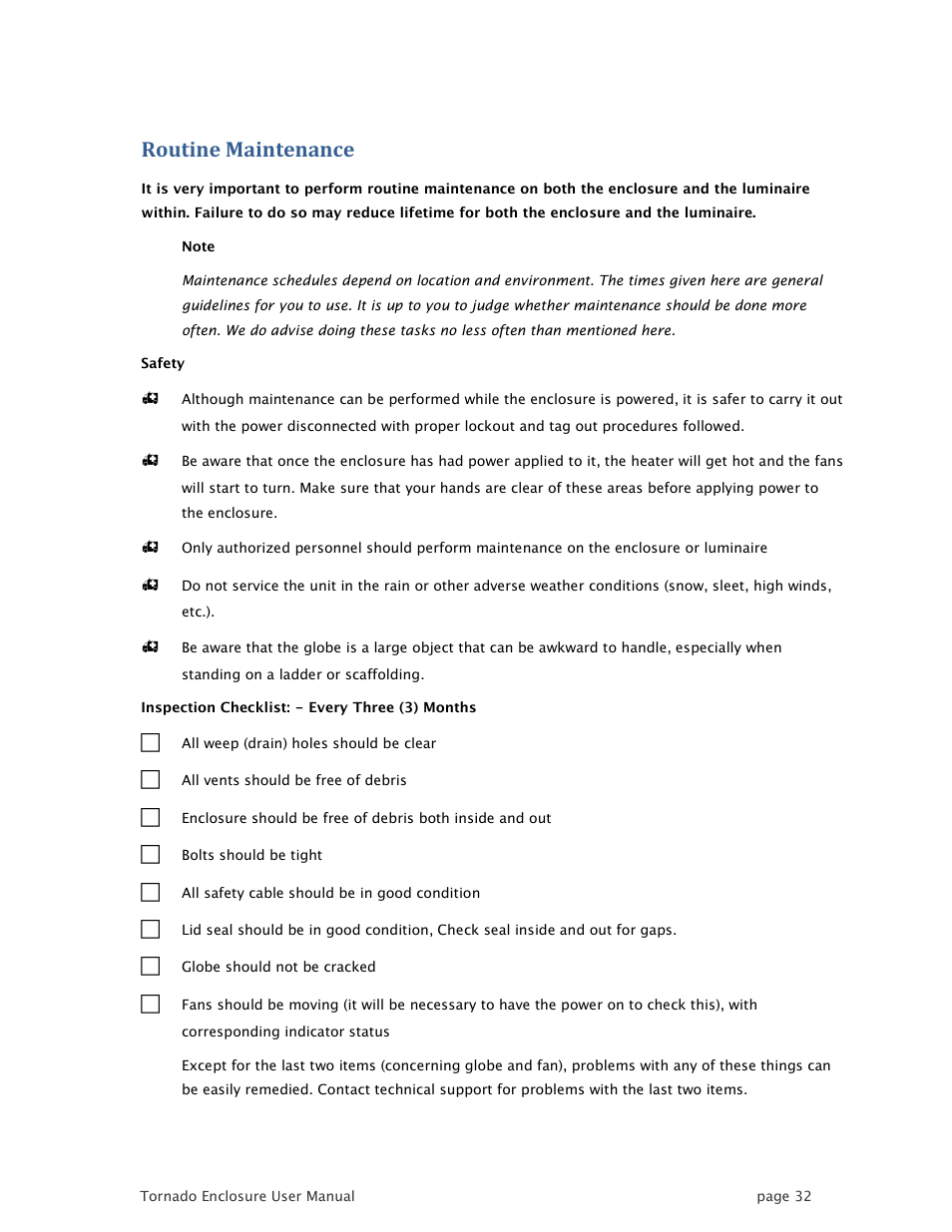 Routine maintenance | Tempest TornadoRetrofit Kits User Manual | Page 32 / 36