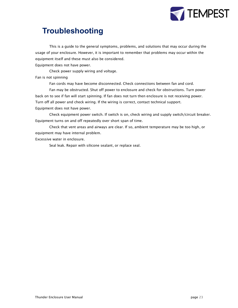 8troubleshooting | Tempest Thunder User Manual | Page 23 / 38