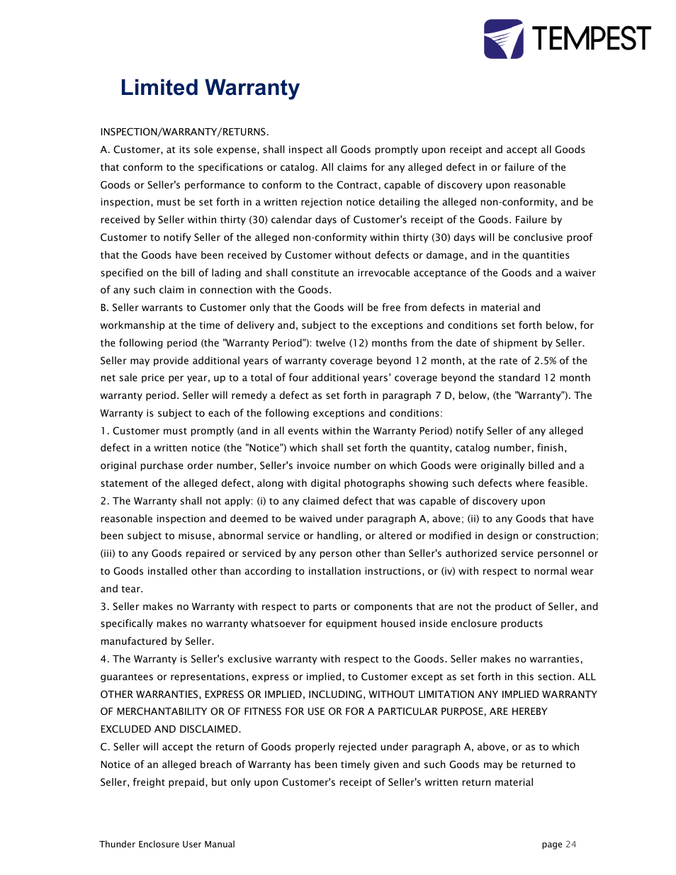 9limited warranty | Tempest Thunder User Manual | Page 24 / 38
