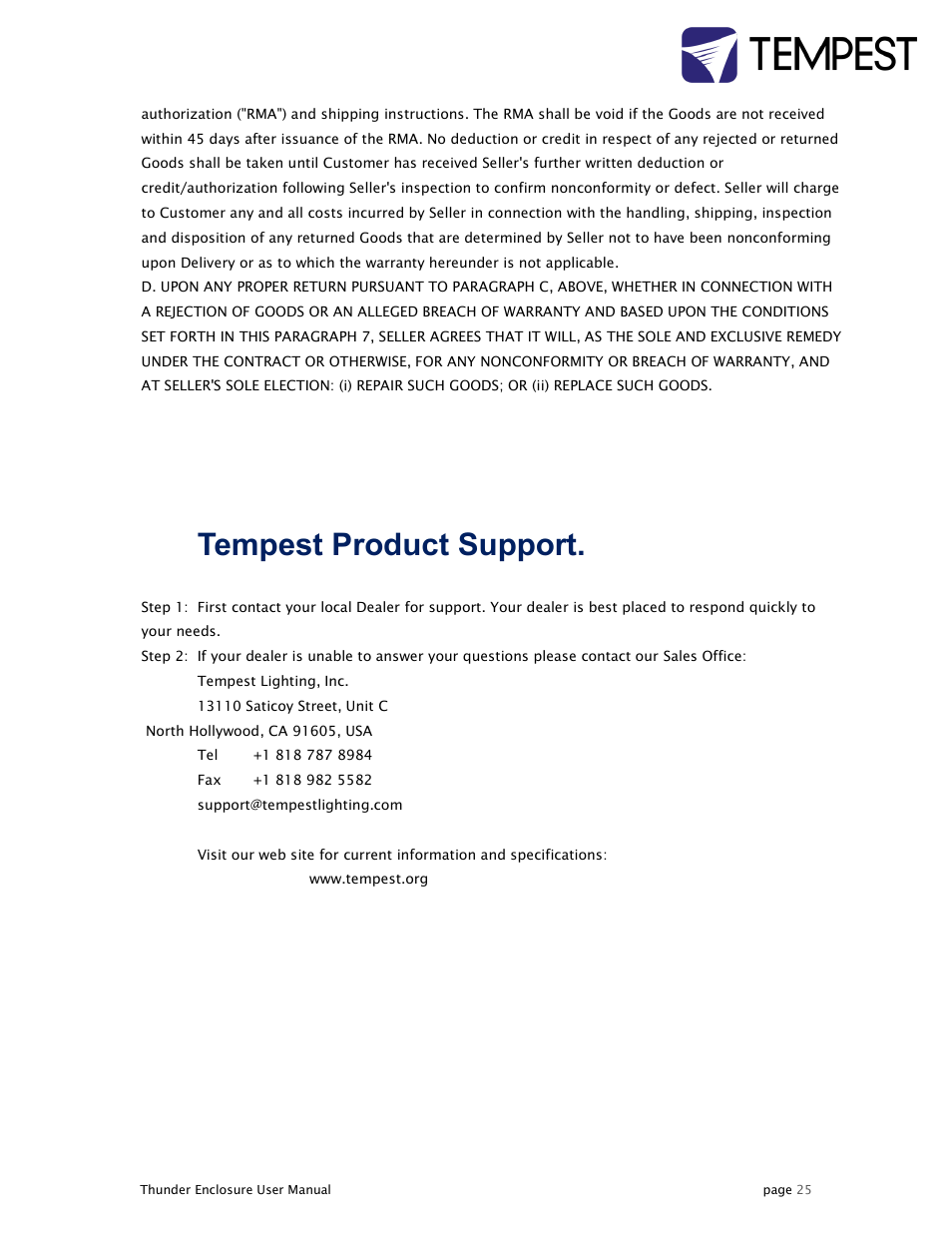 10 tempest product support | Tempest Thunder User Manual | Page 25 / 38