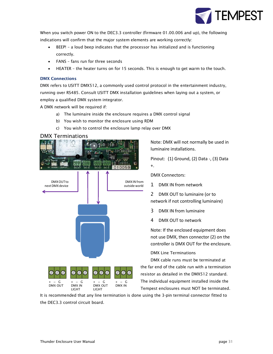 Dmx terminations | Tempest Thunder User Manual | Page 31 / 38