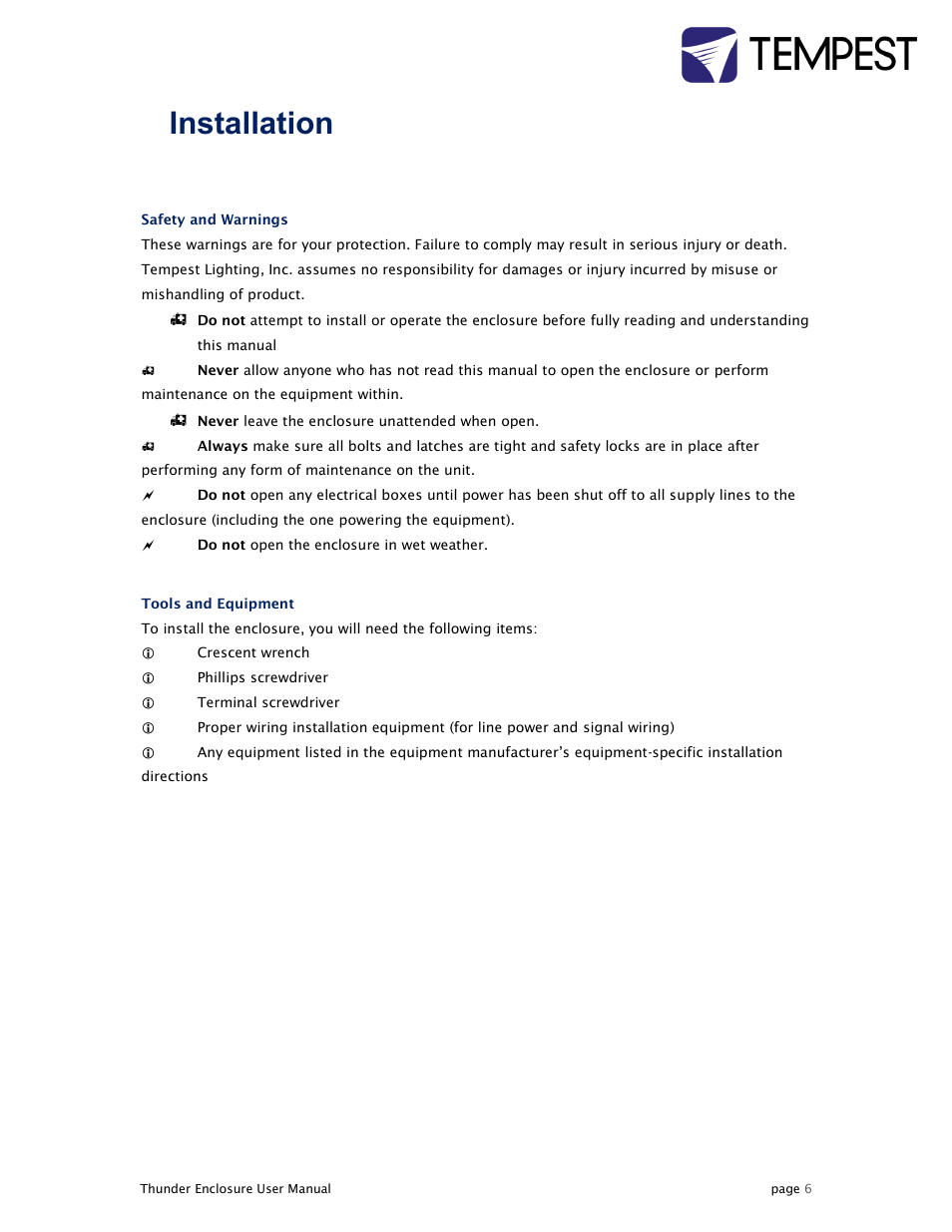 2installation | Tempest Thunder User Manual | Page 6 / 38