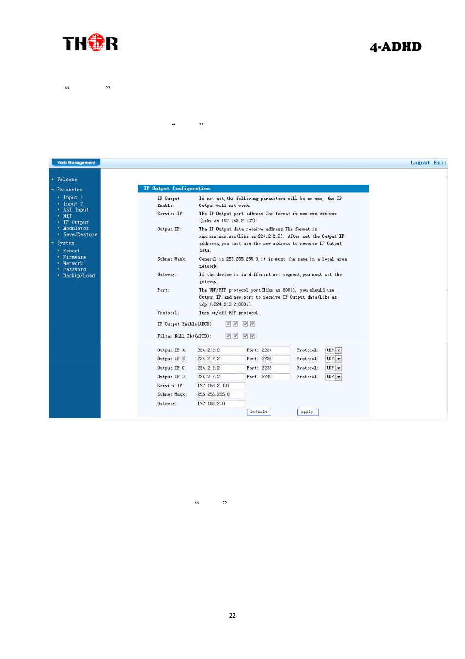 Adhd, Ip output, Modulator setting | Thor 4 Ch HD Analog or Digital to HDTV modulator User Manual | Page 25 / 34