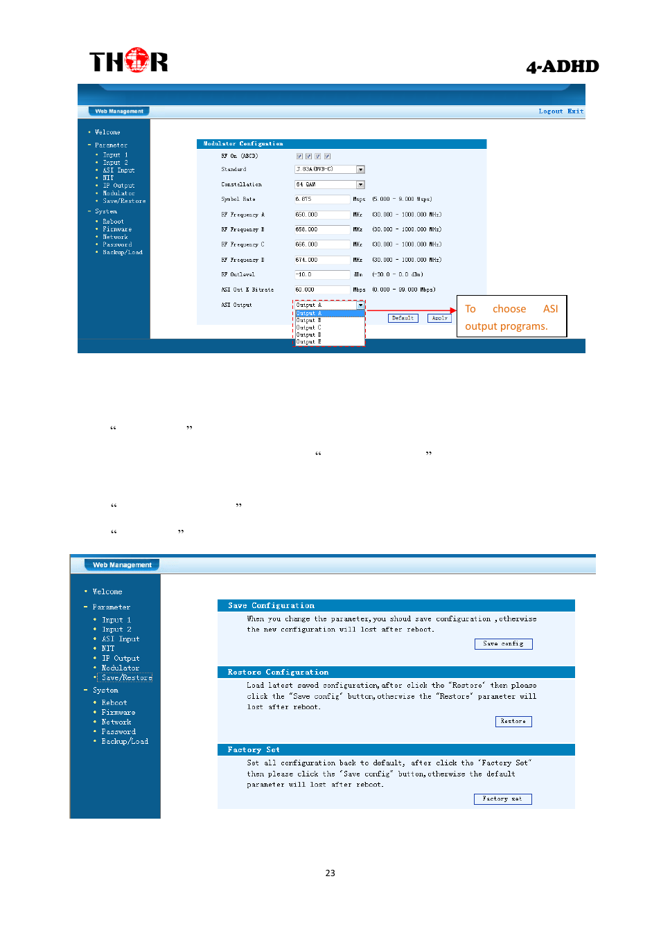 Adhd, Save/restore | Thor 4 Ch HD Analog or Digital to HDTV modulator User Manual | Page 26 / 34
