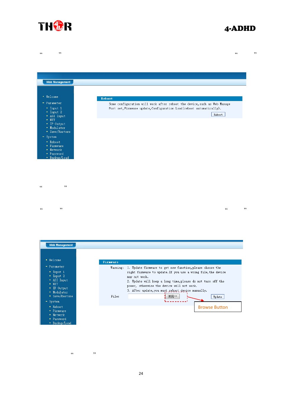 Adhd, Restart the device, Update the device | Network | Thor 4 Ch HD Analog or Digital to HDTV modulator User Manual | Page 27 / 34