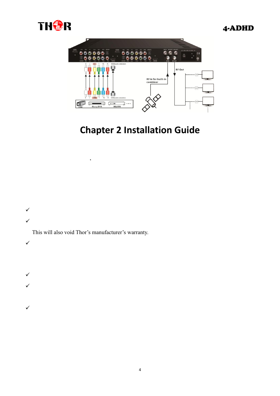 Chapter 2 installation guide, Eneral, Recautions | Ower precautions, Adhd | Thor 4 Ch HD Analog or Digital to HDTV modulator User Manual | Page 7 / 34
