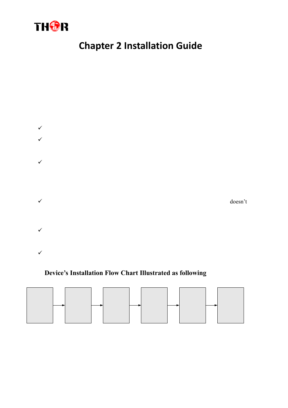 Chapter 2 installation guide, Eneral, Recautions | Ower, Evice, Nstallation, Hart, Llustrated as following, 1 general precautions, 2 power precautions | Thor 1- 4 HDMI to QAM Modulators User Manual | Page 10 / 40