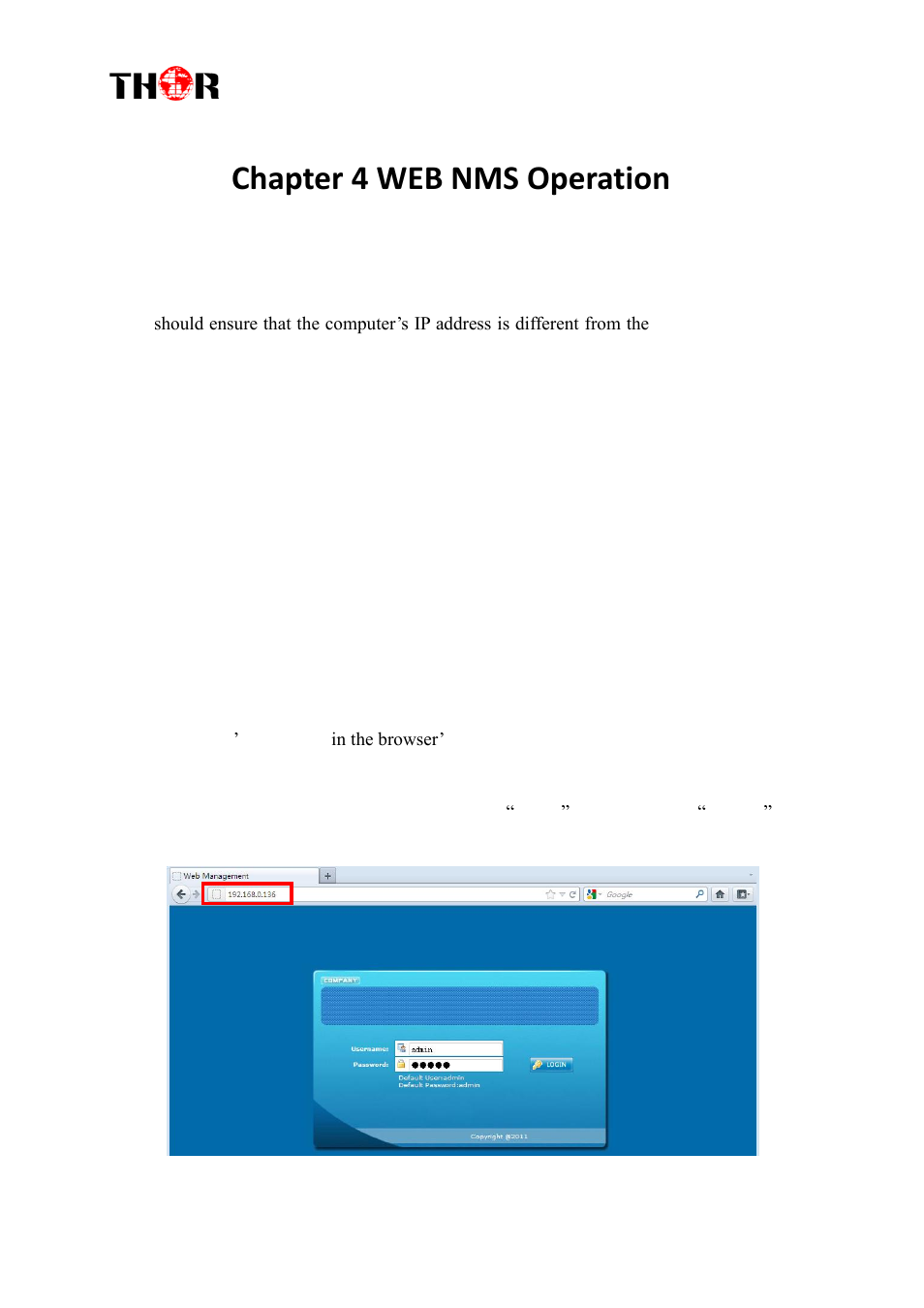 Chapter 4 web nms operation, Login | Thor 1- 4 HDMI to QAM Modulators User Manual | Page 23 / 40