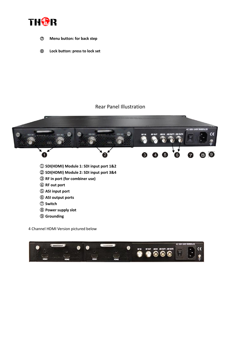 Rear panel illustration | Thor 1- 4 HDMI to QAM Modulators User Manual | Page 9 / 40