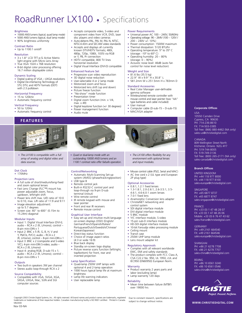 Roadrunner lx100, Specifications | Christie Digital Systems RoadRunner LX100 User Manual | Page 2 / 2