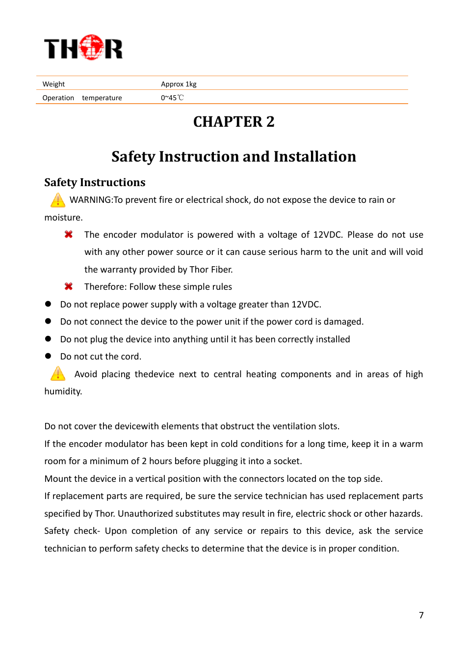 Chapter 2, Safety instruction and installation, Safety instructions | Chapter 2 safety instruction and installation, H-ac3-cmod-qam-ll | Thor Compact HDMI, YpbPr, Modulators + AC3 User Manual | Page 7 / 22