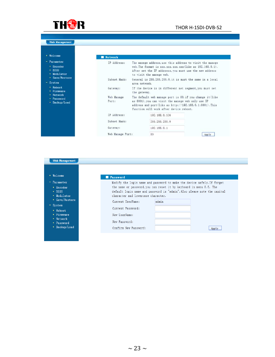 8 password, 9 backup/load | Thor HD Video Encoder & DVB-S2 Modulator User Manual | Page 26 / 28