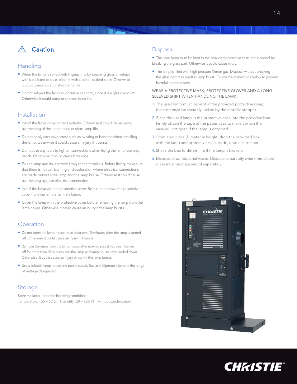 14 caution handling, Installation, Operation | Storage, Disposal | Christie Digital Systems High Performance Xenon Lamp CDXL User Manual | Page 15 / 16