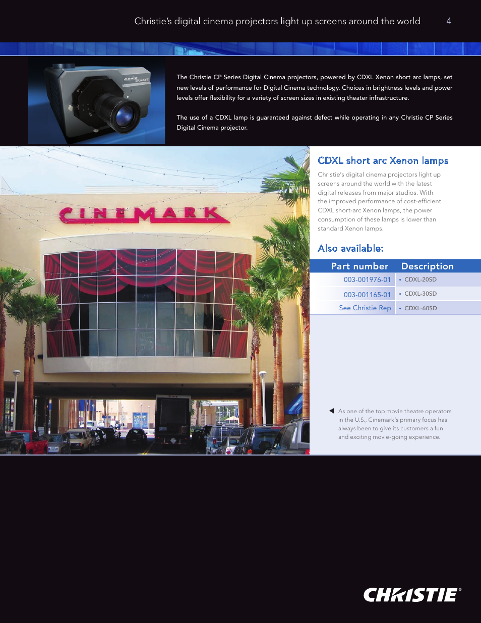 Part number description, Cdxl short arc xenon lamps, Also available | Christie Digital Systems High Performance Xenon Lamp CDXL User Manual | Page 5 / 16